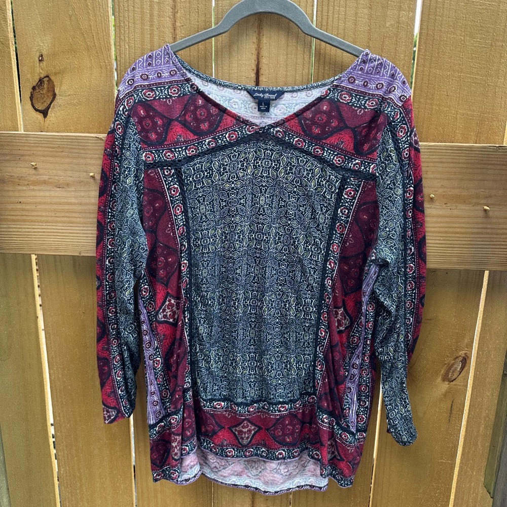 Lucky Brand Modal Cotton Blend Geometric Navy Pink Graphic Long Sleeve Tunic